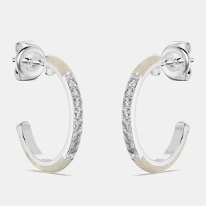 Pearl White ceramic Sterling Silver Lab Grown DIamonds C Hoop Earrings, Earrings - Luxury Closet