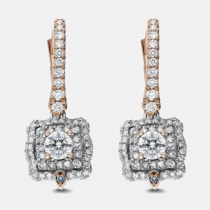 14K Rose gold, White gold Round Cust Scalloped Halo Earrings (1.30Ctw), Earrings - Luxury Closet