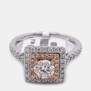14K Rose gold/ White gold Round Cut Square Shaped Double Halo Ring (1.0Ctw), Rings - Luxury Closet