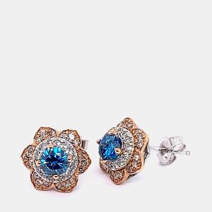 14K Rose Gold/White Gold Round Cut Blue And White Flower Stud Earrings (1.0ctw), Earrings - Luxury Closet