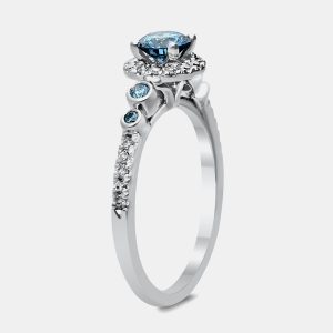 14K White Gold Blue Round Cut White Halo Ring (0.806Ct) US 7, Rings - Luxury Closet catalog