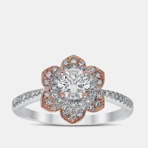 14K Rg/Wg 0.80Ctw Round Cut White Flower Lab Grown Diamonds Bridal Ring US 7, Rings - Luxury Closet