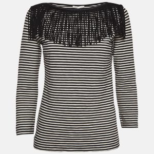 Maje Black/White Stripe Cotton Fringed Detail T-Shirt M, Shirts & Tops - Luxury Closet catalog