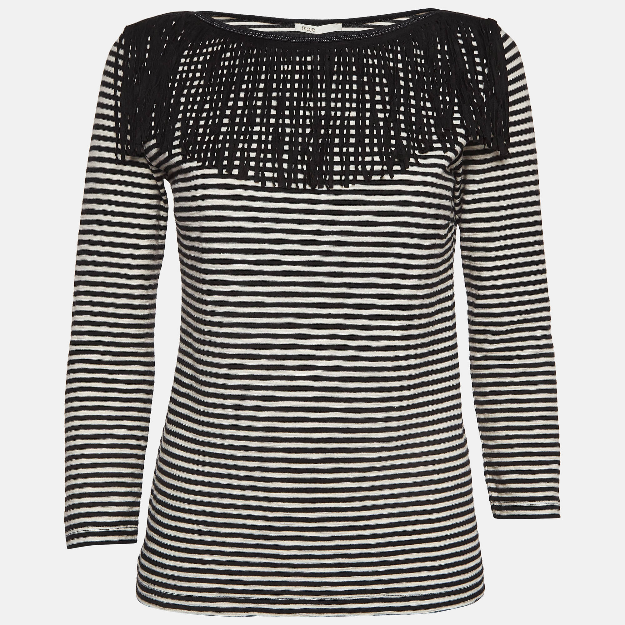 Maje Black/White Stripe Cotton Fringed Detail T-Shirt M, Shirts & Tops - Luxury Closet catalog