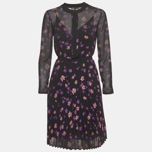 Maje Black Floral Print Chiffon Plisse Midi Dress S, Dresses - Luxury Closet