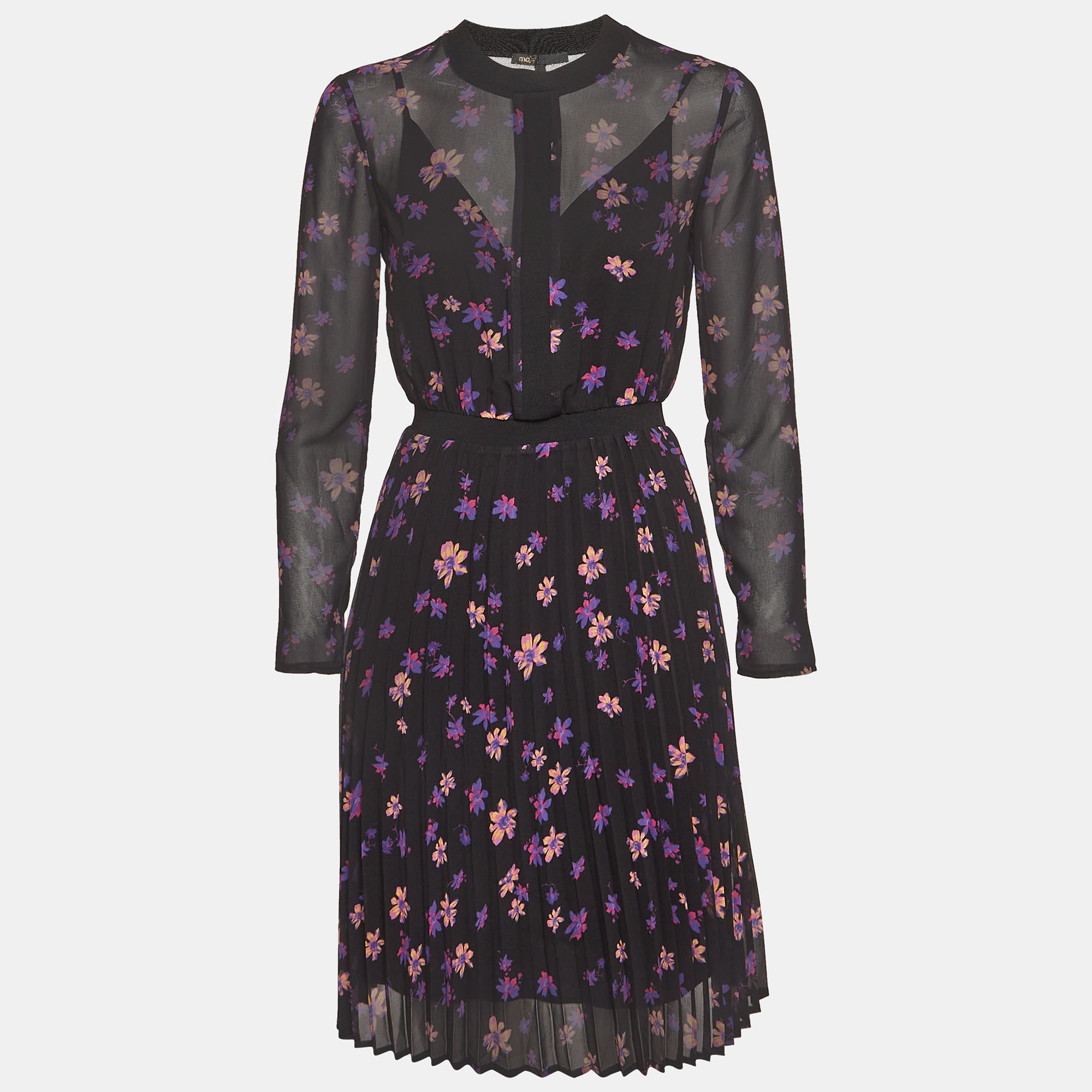 Maje Black Floral Print Chiffon Plisse Midi Dress S, Dresses - Luxury Closet