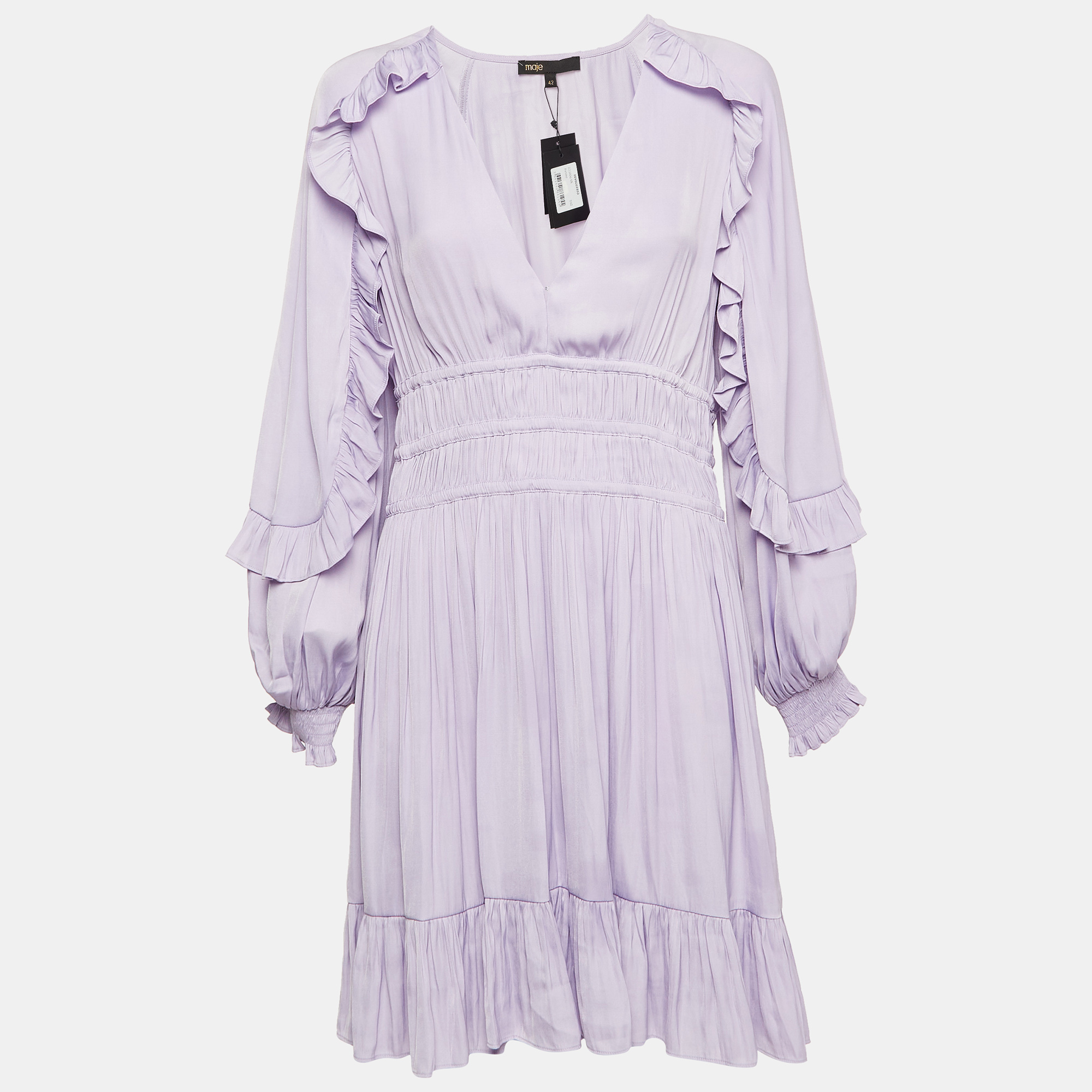 Maje Light Purple Satin Ruffled Ralya Short Dress XL, Dresses - Luxury Closet
