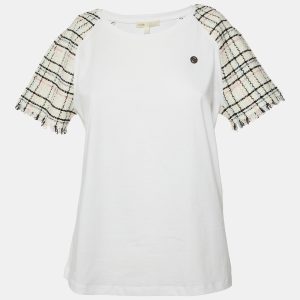 Maje White Cotton Tweed Sleeved Crew Neck T-Shirt M, Shirts & Tops - Luxury Closet