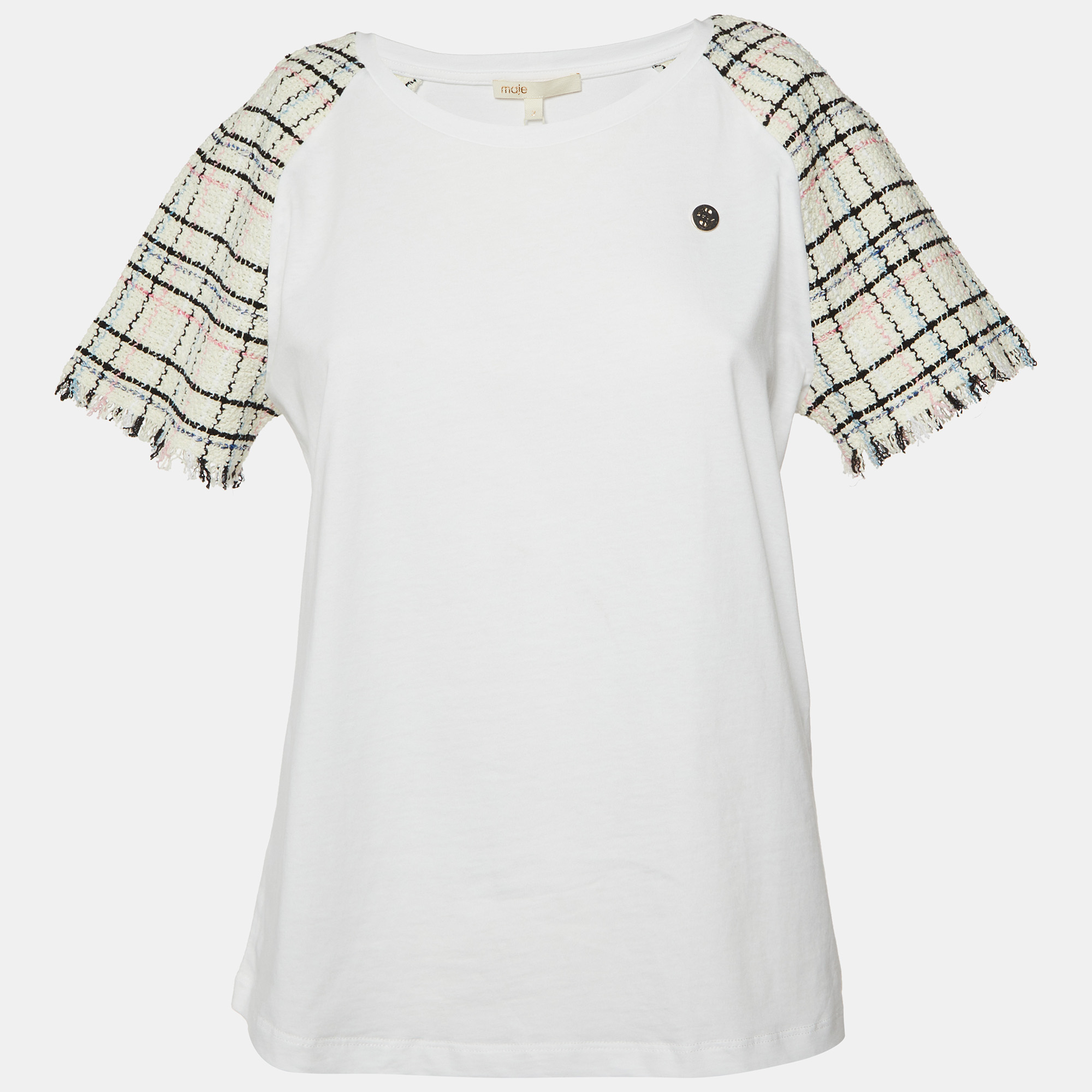 Maje White Cotton Tweed Sleeved Crew Neck T-Shirt M, Shirts & Tops - Luxury Closet