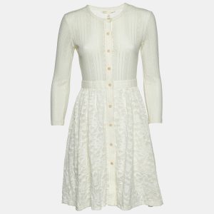 Maje Ecru White Patterned Knit Button Front Roxo Mini Dress S, Dresses - Luxury Closet