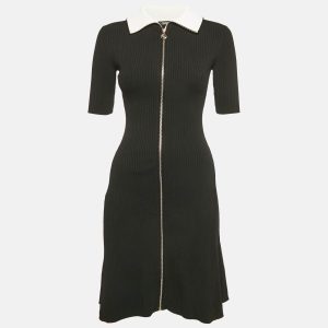 Maje Black Rib Knit Contrast Collar Zip Front Dress XS, Dresses - Luxury Closet