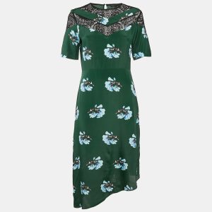 Maje Green Floral Print Lace Trim Crepe Asymmetric Midi Dress M, Dresses - Luxury Closet catalog