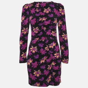 Maje Black Floral Ruched Long Sleeve Mini Dress S, Dresses - Luxury Closet