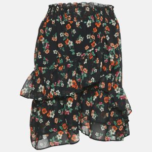 Maje Black Floral Print Ruffled Jupe Imprime Mini Skirt L, Skirts - Luxury Closet