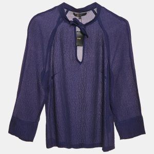 Maje Navy Blue Textured Silk Tie-Up Neck Detail Top S, Shirts & Tops - Luxury Closet
