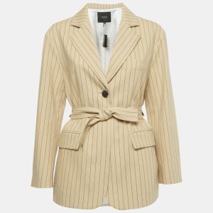 Maje Beige Striped Cotton Blend  Belted Blazer S, Coats & Jackets - Luxury Closet catalog