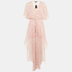 Maje Pink Paisley Print Lurex Crepe Asymmetric Flared Scarf Dress S, Dresses - Luxury Closet catalog