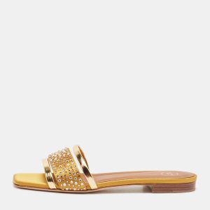 Malone Souliers Gold Leather Satin Rosa Flat Sandals Size 36.5, Sandals - Luxury Closet