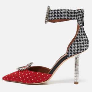 Malone Souliers Red/Black Canvas Camille Ankle Strap Pumps Size 38, Pumps - Luxury Closet