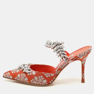 Manolo Blahnik Orange Floral Jacquard Lurum Pointed Toe Mules Size 37, Sandals - Luxury Closet catalog