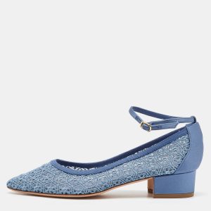 Manolo Blahnik Blue Satin and Lace Listana Block Heel Ankle Strap Pumps Size 36, Pumps - Luxury Closet catalog