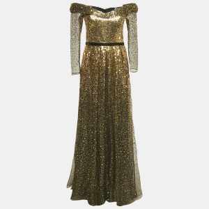 Marchesa Notte Black/Gold Sequin Embellished Tulle Off Shoulder Gown S, Dresses - Luxury Closet