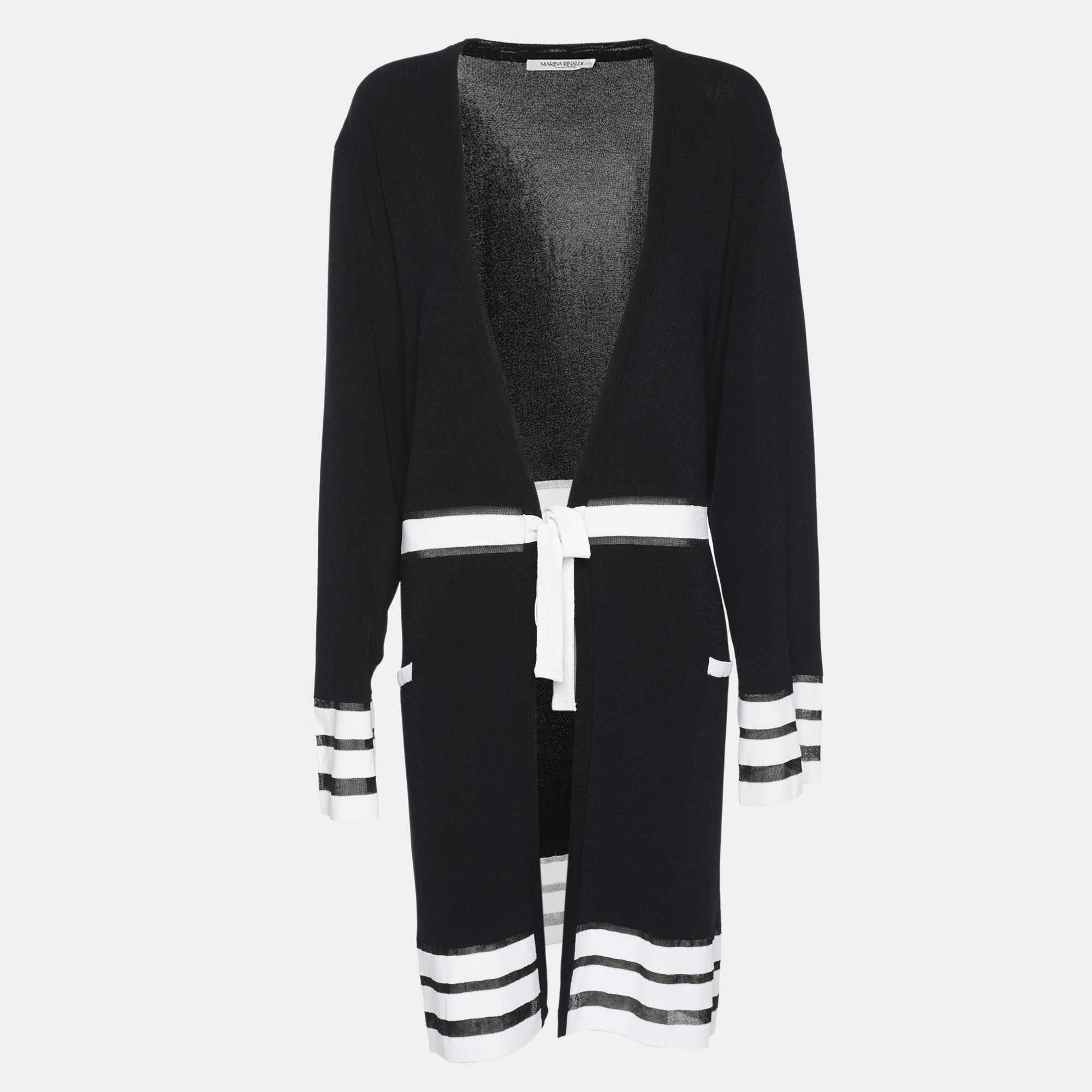 Marina Rinaldi Navy Blue/White Rib Knit Belted Cardigan L, Sweaters & Cardigans - Luxury Closet