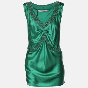 Marina Rinaldi Green Silk Embellished Top L, Shirts & Tops - Luxury Closet