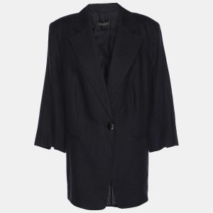 Marina Rinaldi Navy Blue Linen Single Breasted 3/4 Sleeve Blazer L, Coats & Jackets - Luxury Closet