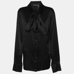 Marina Rinaldi Black Stretch Silk Crystal Embellished Long Sleeve Scarf Neck Shirt L, Shirts & Tops - Luxury Closet