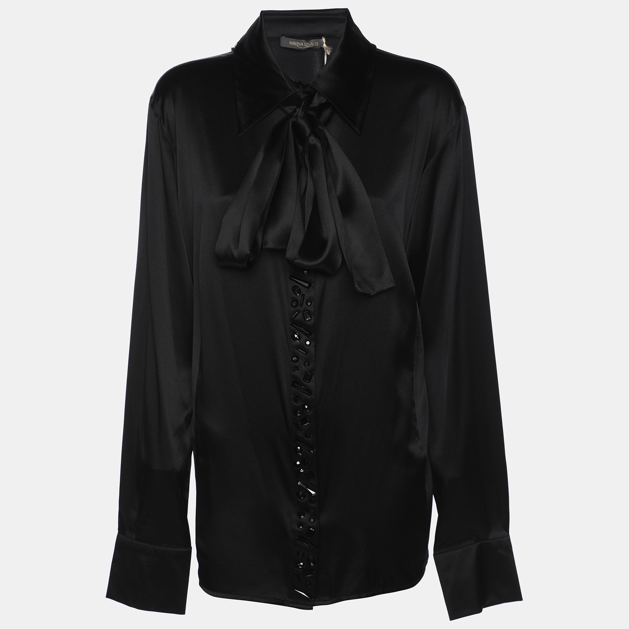 Marina Rinaldi Black Stretch Silk Crystal Embellished Long Sleeve Scarf Neck Shirt L, Shirts & Tops - Luxury Closet