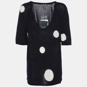 Marina Sport by Marin Rinaldi Navy Blue/White Stretch Knit Polka Dot V Neck Sweater L, Sweaters & Cardigans - Luxury Closet