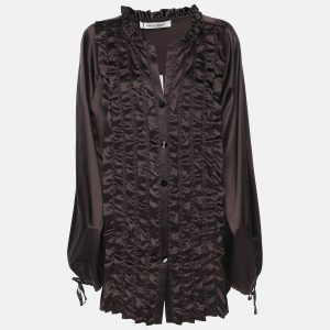Marina Rinaldi Dark Brown Stretch Satin Ruffle Front Shirt L, Shirts & Tops - Luxury Closet