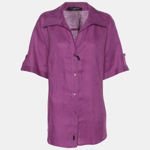 Marina Sport by Marina Rinaldi Purple Linen Short Sleeve Shirt L, Shirts & Tops - Luxury Closet