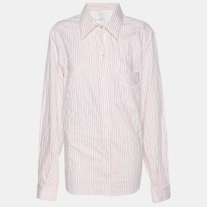 Voyage by Marina Rinaldi Pink/White Stripe Cotton Blend Removable Collar Long Sleeve Shirt L, Shirts & Tops - Luxury Closet