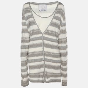 Voyage by Marina Rinaldi Grey/Off White Stripe Stretch Knit Cardigan Set L, Sweaters & Cardigans - Luxury Closet