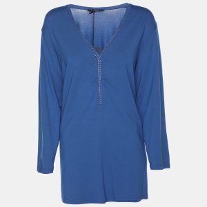 Marina Sport by Marina Rinaldi Blue Jersey Crystal Embellished V Neck Sweater L, Sweaters & Cardigans - Luxury Closet