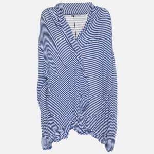 Marina Rinaldi Blue Stripe Stretch Knit Cardigan L, Sweaters & Cardigans - Luxury Closet