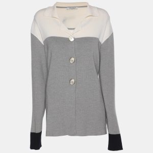 Marina Rinaldi Grey/Cream Knit Button Front Sweater L, Sweaters & Cardigans - Luxury Closet catalog