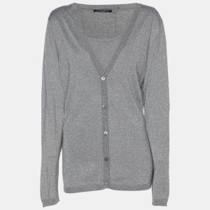 Marina Sport by Marina Rinaldi Grey/Silver Lurex Knit Button Front Sweater L, Sweaters & Cardigans - Luxury Closet