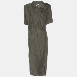 Marina Rinaldi Green Satin Wrap Around Midi Dress L, Dresses - Luxury Closet