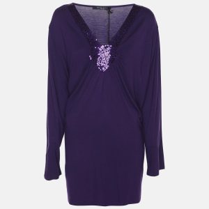 Marina Sport by Marina Rinaldi Purple Jersey Sequin Embellished V Neck Top XL, Shirts & Tops - Luxury Closet