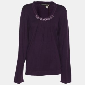 Marina Rinaldi Purple Stretch Knit Crystal Embellished Sweater L, Sweaters & Cardigans - Luxury Closet