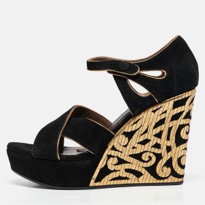 Marni Black/Gold Suede Wedge Ankle Strap Sandals Size 39, Sandals - Luxury Closet catalog