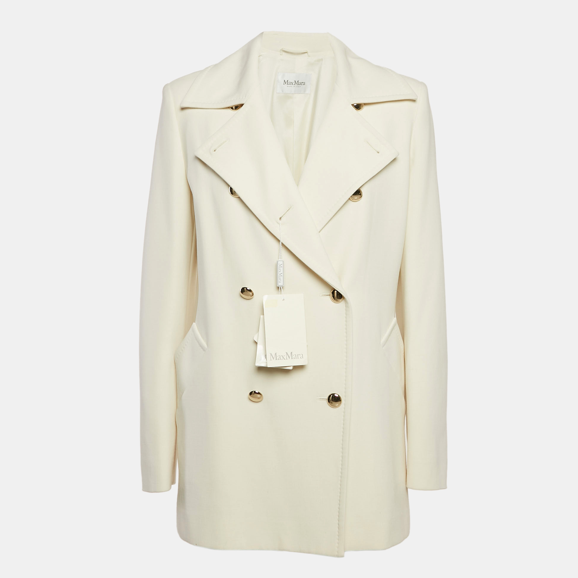 Max Mara Ivory Wool Double Breasted Rebus Coat L, Coats & Jackets - Luxury Closet
