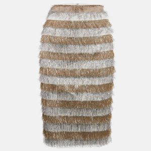 Max Mara Gold/Silver Metallic Fringed Crepe Gavetta Skirt S, Skirts - Luxury Closet