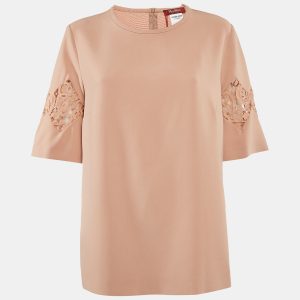Max Mara Studio Dark Beige Crepe Lace Trimmed Top L, Shirts & Tops - Luxury Closet