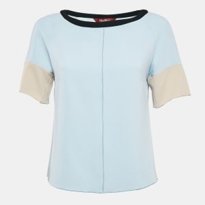 Max Mara Studio Blue Contrast Trim Crepe Short Sleeve Blouse M, Shirts & Tops - Luxury Closet catalog