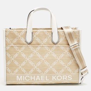 Michael Kors Natural/Optic White Logo Jacquard Raffia Large GIgi Tote, Tote Handbags - Luxury Closet catalog