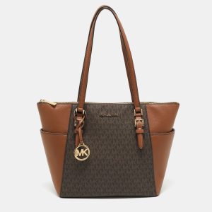 Michael Kors Brown/Tan Signature Coated Canvas Large Charlotte Top Zip Tote, Tote Handbags - Luxury Closet catalog